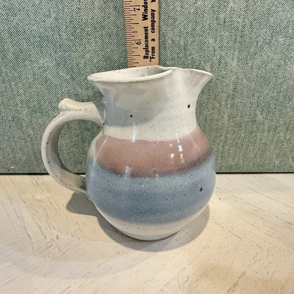 VTG Alewine Pottery Hand Thrown Glazed Pitcher Creamer 5.5” Pastel Pink Blue EUC